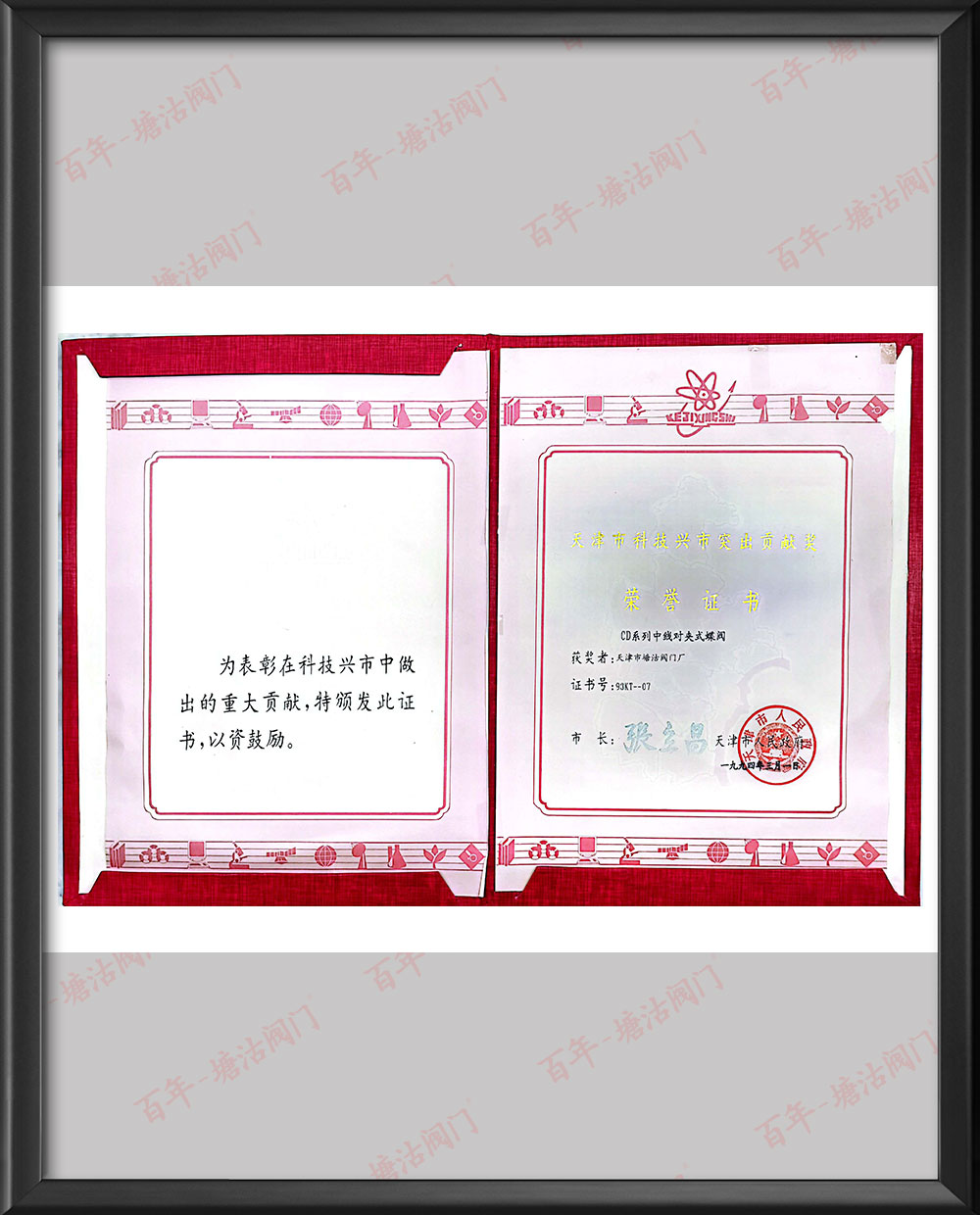 1994年天津市科技兴市突出贡献奖荣誉证书